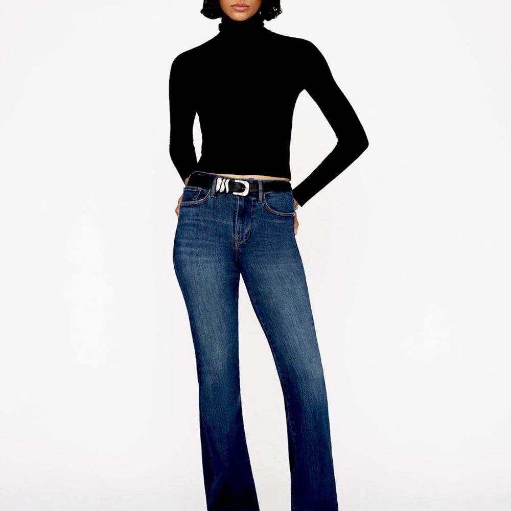 Frame Le One Flare in Dark Wash with Taw Hem Size (2 = 30-35” waist)
